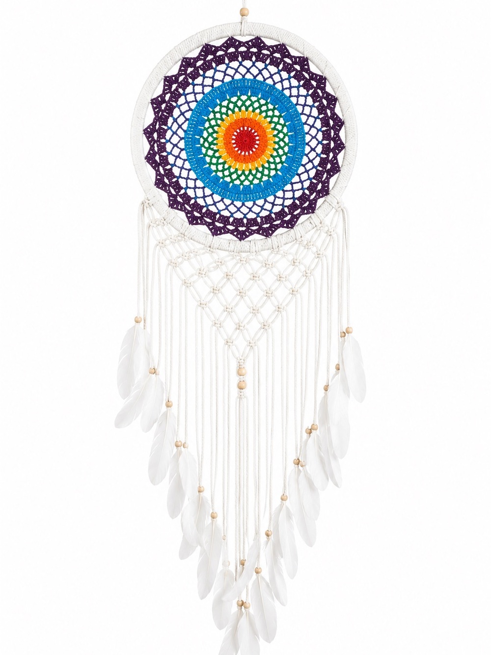 Boho Rainbow Crochet Dreamcatcher with White Feathers